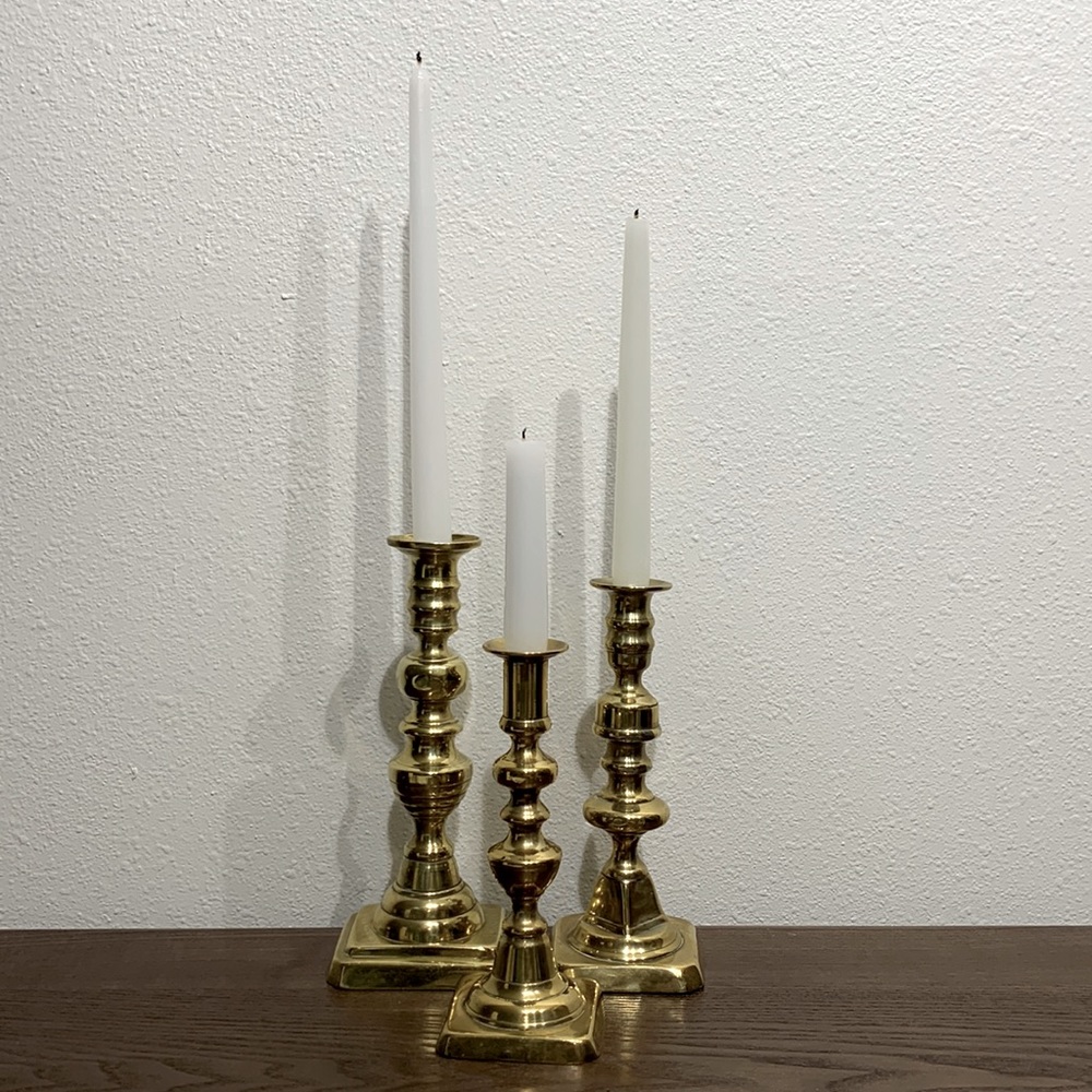 Antique Brass Vintage Taper Candle Holders- Set of 3